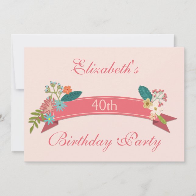 Convite Banner Rosa das Flores de aniversário de 40 anos (Frente)