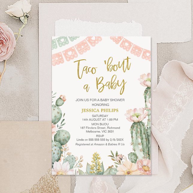 Convite Banner Rosa Floral Taco Sobre Um Chá de fraldas De (Boho Blush Floral Taco 'bout a Baby baby Shower Invitation Template, Girls Taco 'bout a Baby Invite)