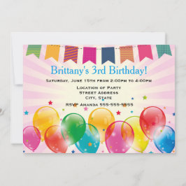 Convite Banners e balões - Festa de aniversário rosa