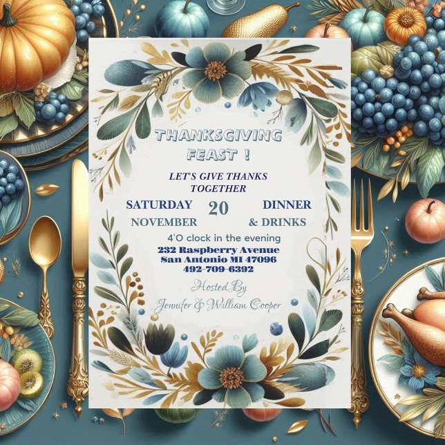 Convite Banquete de Ação de Graças de Folhagem Botânica Ve (Green Botanical Foliage Autumn Thanksgiving Feast Invitation)