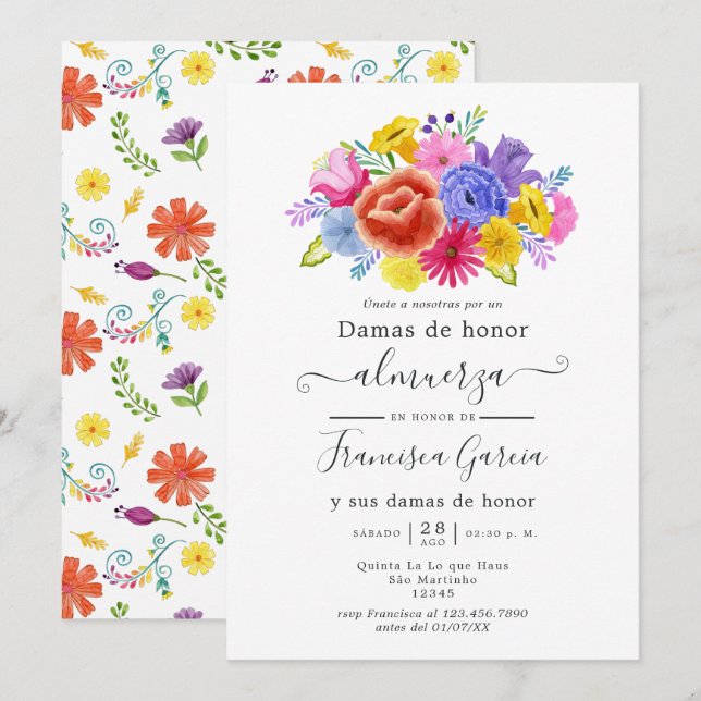 Convite Banquete de Damas de Honra Floral Fiesta Espanhola (Frente/Verso)