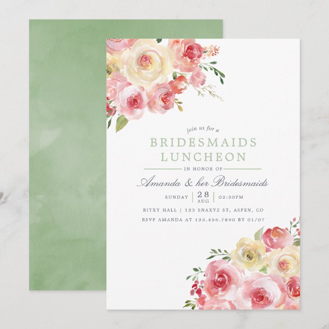 Convite Banquete de Noivas em Aquarela Rosa e Sage (Frente/Verso)