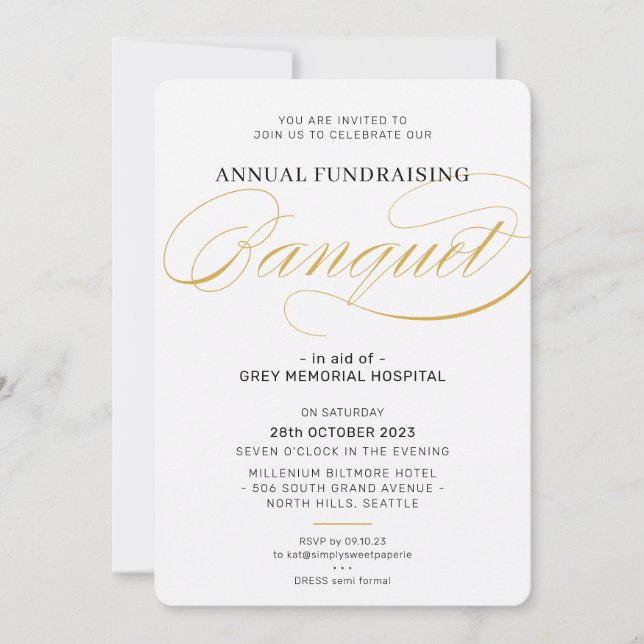 Convite BANQUETE script moderno elegante evento preto bran (Frente)