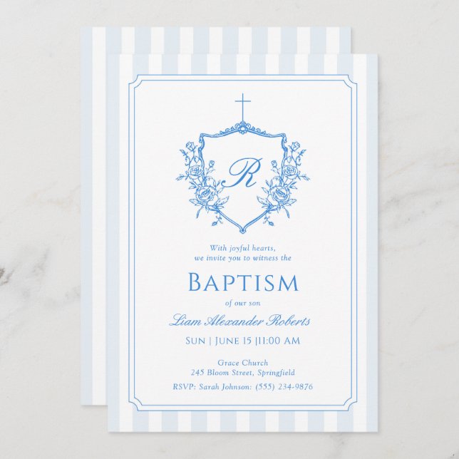 Convite Bap do Monograma do Pó Azul Clássico (Frente/Verso)