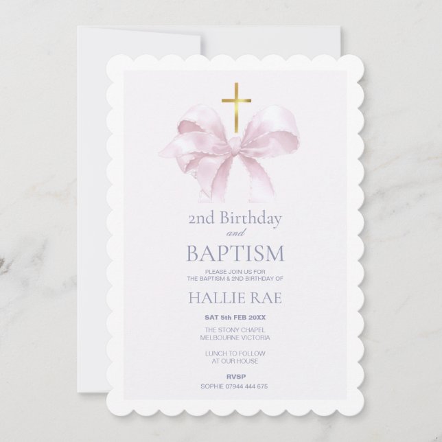 Convite Baptism and 2nd Birthday Modern Pink Bow (Frente)