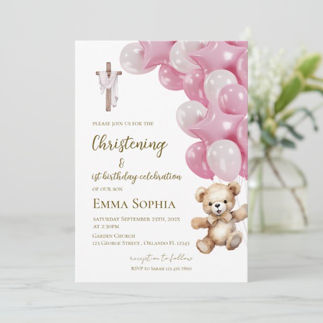 Convite Baptism and first birthday invitation with balloon (Em pé/Frente)