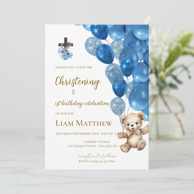 Convite Baptism and first birthday invitation with balloon (Em pé/Frente)