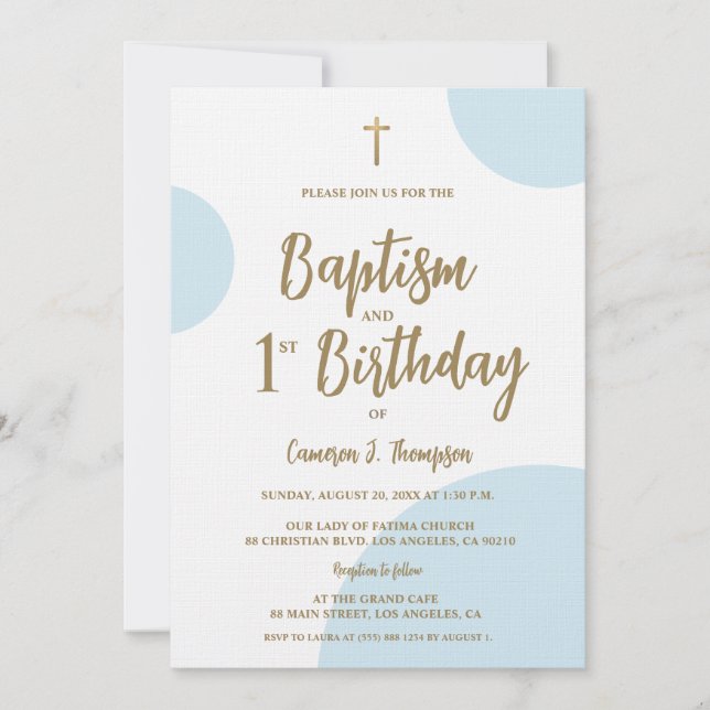 Convite Baptism and First Birthday with Cross Blue Gold (Frente)