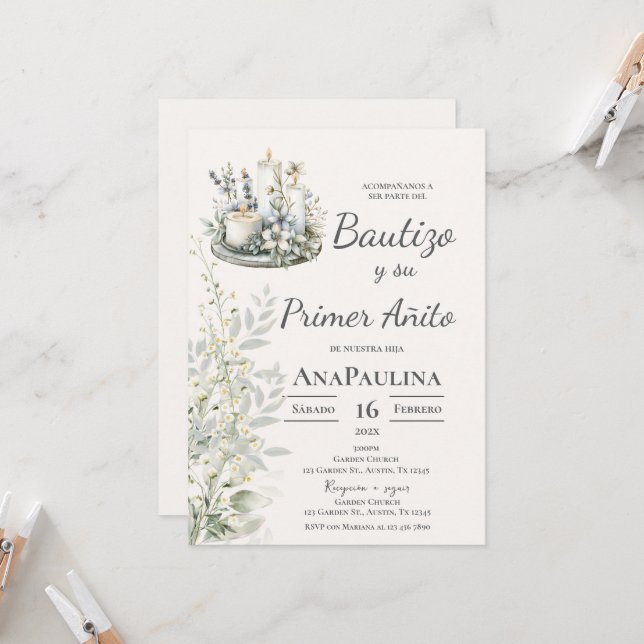 Convite Baptism and first year invitation in Spanish (Frente/Verso In Situ)