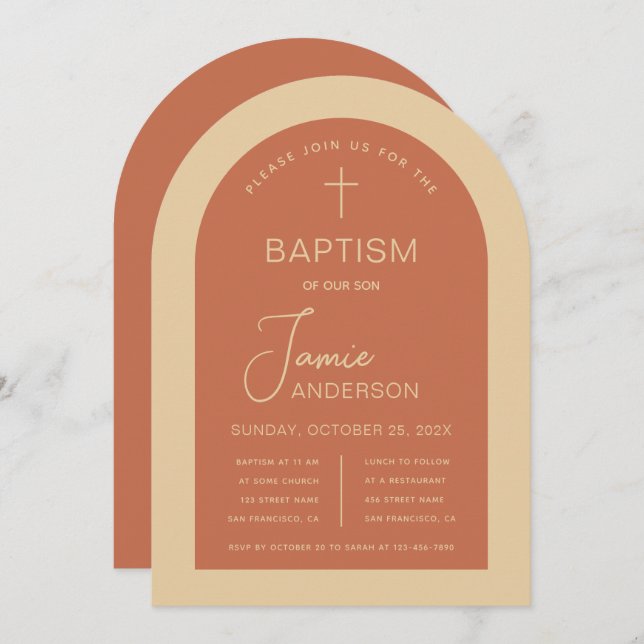 Convite Baptism Arch Terracotta Cream Moderna Manuscrito (Frente/Verso)