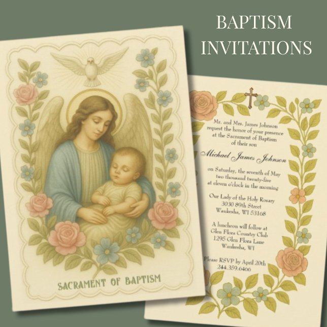 Convite \Baptism Baby Guardian Angel Floral (Criador carregado)