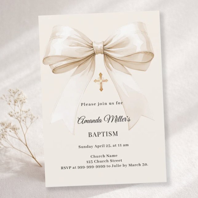 Convite Baptism beige bow elegant neutral (Criador carregado)