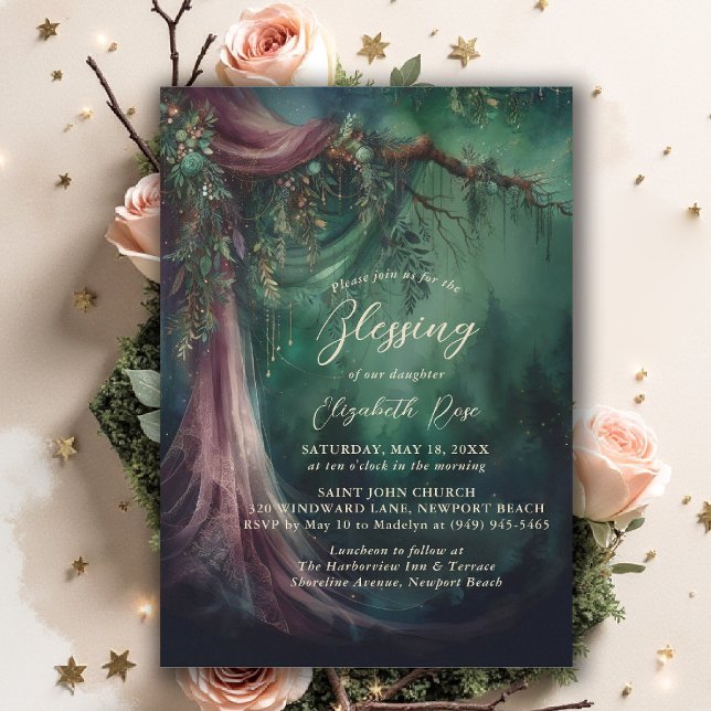 Convite Baptism Blessing Enchanted Garden Fairytale Draped (baptism invitation christening enchanted forest garden botanical greenery emerald gold floral draped)