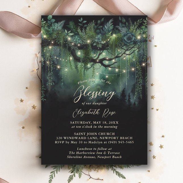 Convite Baptism Blessing Enchanted Garden Fairytale Floral (baptism invitation christening enchanted forest garden botanical greenery emerald gold floral)