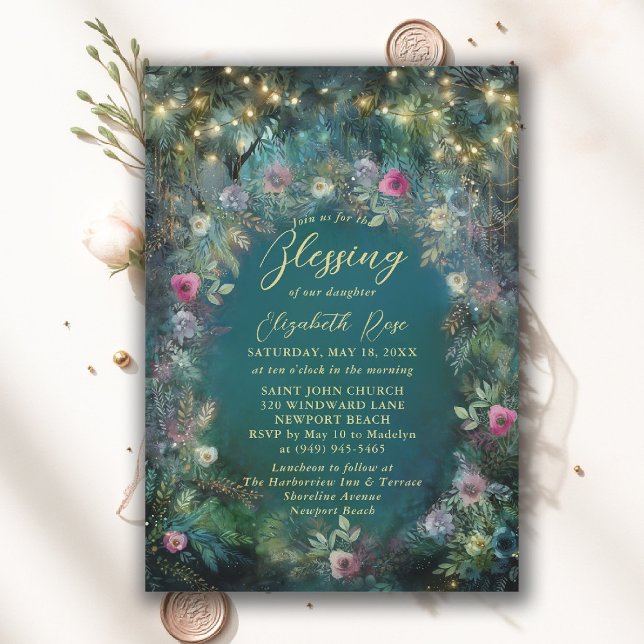 Convite Baptism Blessing Enchanted Garden Fairytale Roses (baptism invitation christening enchanted forest garden botanical greenery roses emerald gold frame)