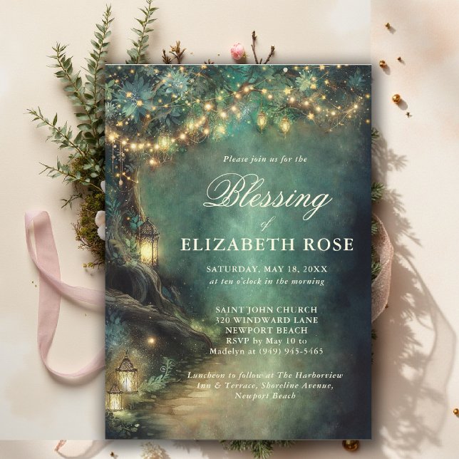 Convite Baptism Blessing Enchanted Garden Forest Landerns (baptism invitation christening enchanted forest lanterns garden botanical greenery emerald gold)