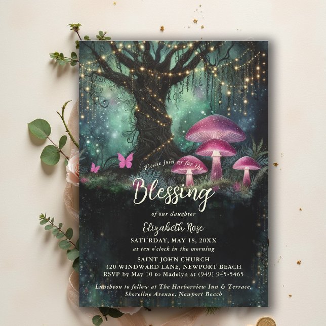 Convite Baptism Blessing Enchanted Garden Forest Mushrooms (baptism invitation christening enchanted forest garden botanical greenery mushrooms butterflies)