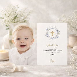 Convite Baptism blue florals photo thank you card