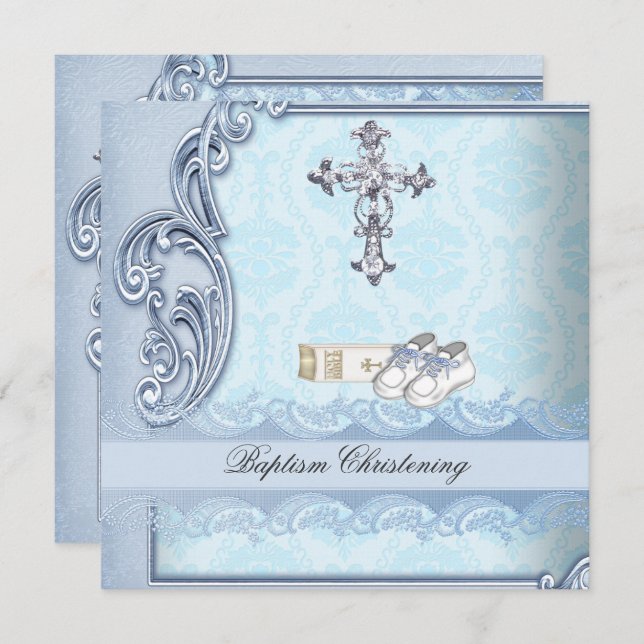 Convite Baptism Blue Teal Cross Boy Damasco batizando (Frente/Verso)