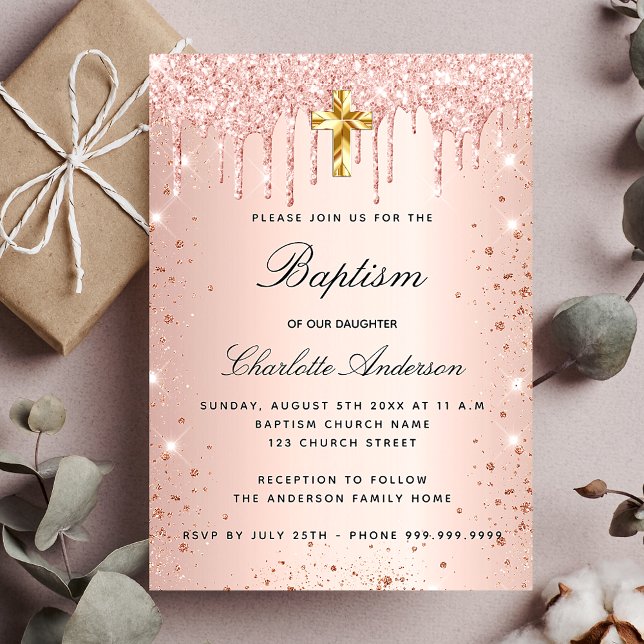 Convite Baptism blush rose gold glitter drips girl luxury (Criador carregado)