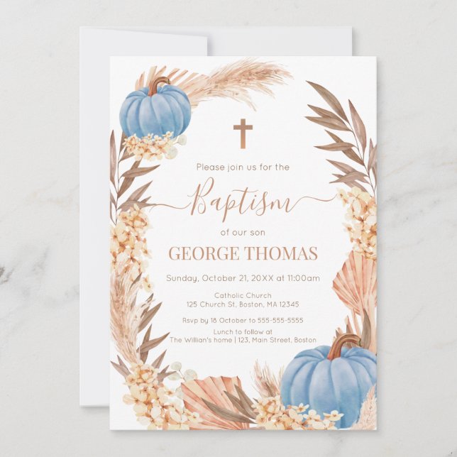 Convite Baptism Boho Pampas arrangement blue Pumpkin (Frente)