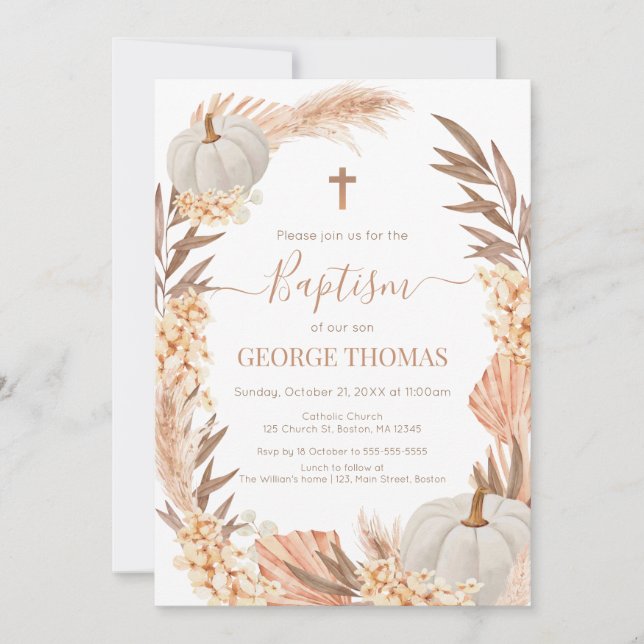 Convite Baptism Boho Pampas arrangement white Pumpkin (Frente)