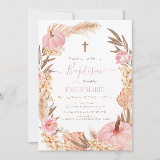 Convite Baptism Boho Pampas Pink Pumpkin (Frente)