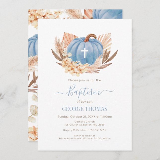 Convite Baptism Boho Pampas Pumpkin blue (Frente/Verso)