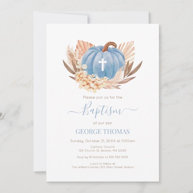 Convite Baptism Boho Pampas Pumpkin blue (Frente)