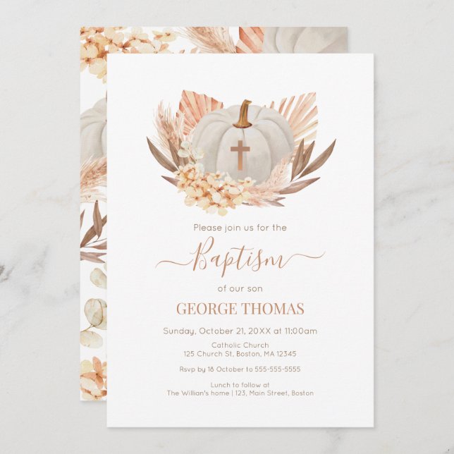Convite Baptism Boho Pampas white Pumpkin Invitation  (Frente/Verso)