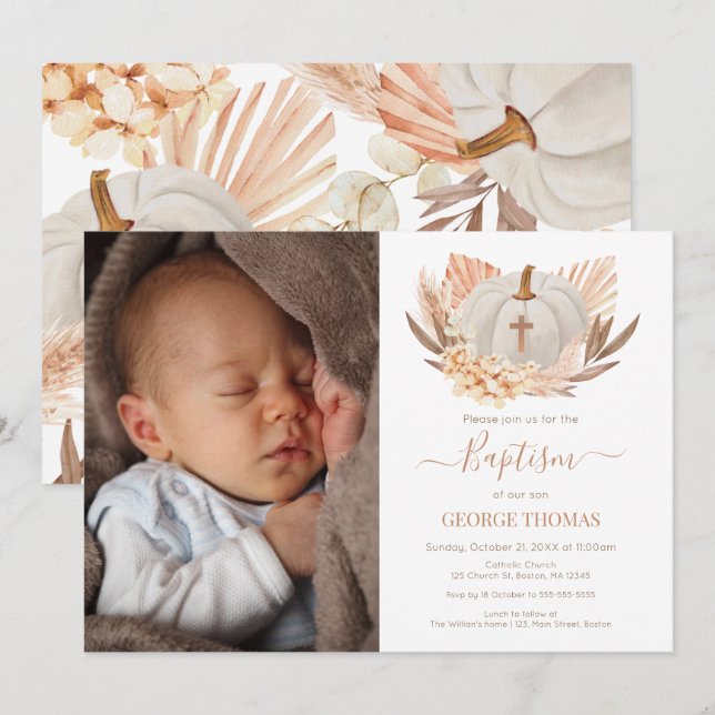 Convite Baptism Boho white Pumpkin Photo Invitation  (Frente/Verso)