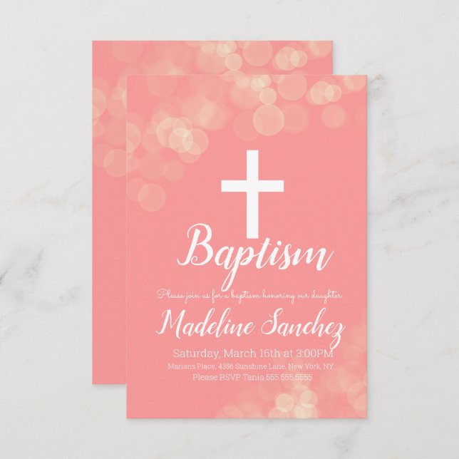 Convite Baptism Bokeh Lights Dedicação Christening (Frente/Verso)