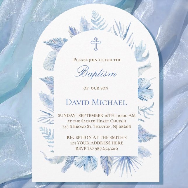 Convite Baptism boy pastel blue foliage invitation (Criador carregado)