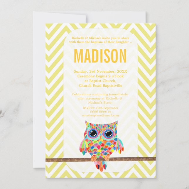 Convite Baptism Christening Chevron Rainbow Owl Invite (Frente)