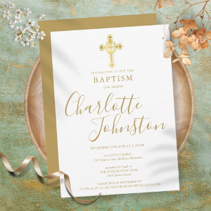 Convite Baptism Christening Dourado Cross Signature Script