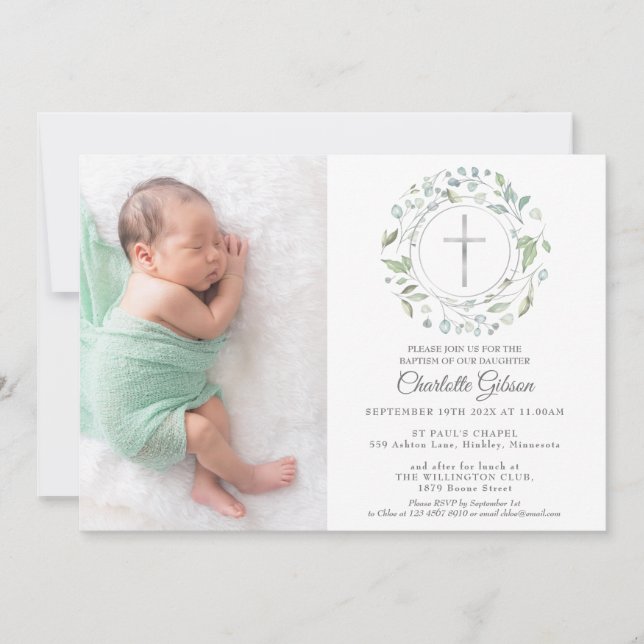 Convite Baptism Christening Garland Silver Cross Foto (Frente)