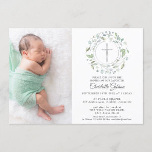 Convite Baptism Christening Garland Silver Cross Foto