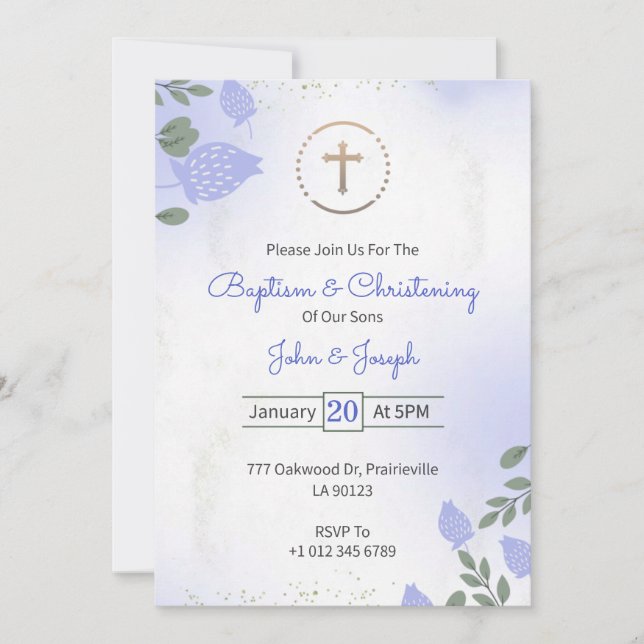 Convite Baptism & Christening Invitation in floral design (Frente)