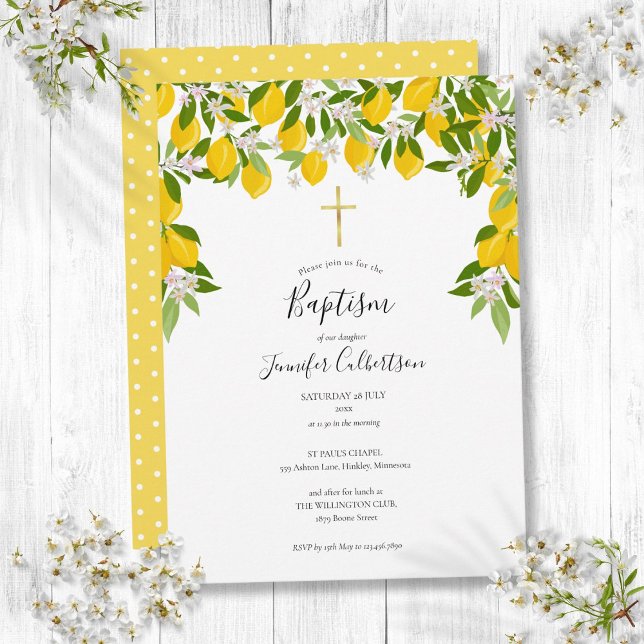 Convite Baptism Christening Lemons Floral Elegante Moderna (Baptism Christening Lemons Floral Elegant Modern Invitation)