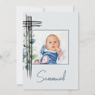 Convite Baptism Christening Photo Male Modern Blue