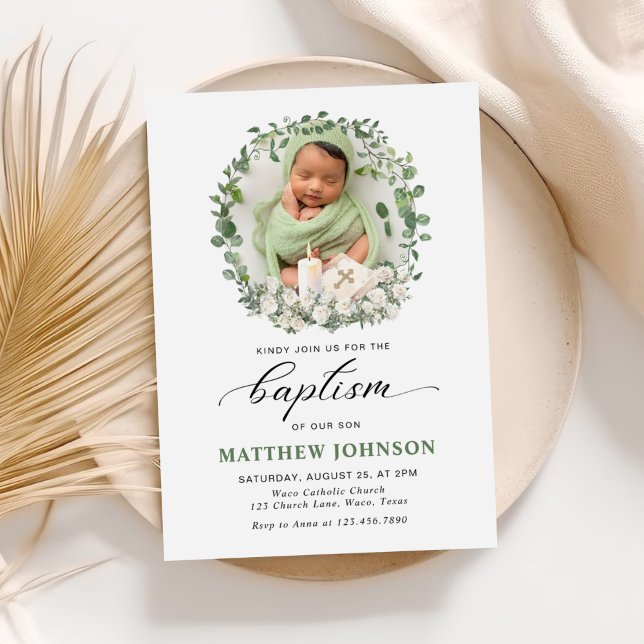 Convite Baptism Christening Photo Rosas Floral (Criador carregado)