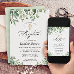 Convite Baptism Christening | Silêncio Eucalyptus<br><div class="desc">Celebrar o batismo do seu filho com este elegante "Greenery Eucalyptus Deixa o batismo". Apresentando delicadas folhas de verde e eucalipto, esse convite é perfeito para um evento de batismo moderno e na moda. Os design naturais o tornam perfeito para o batismo de um bebê ou de uma menina. Personalize...</div>