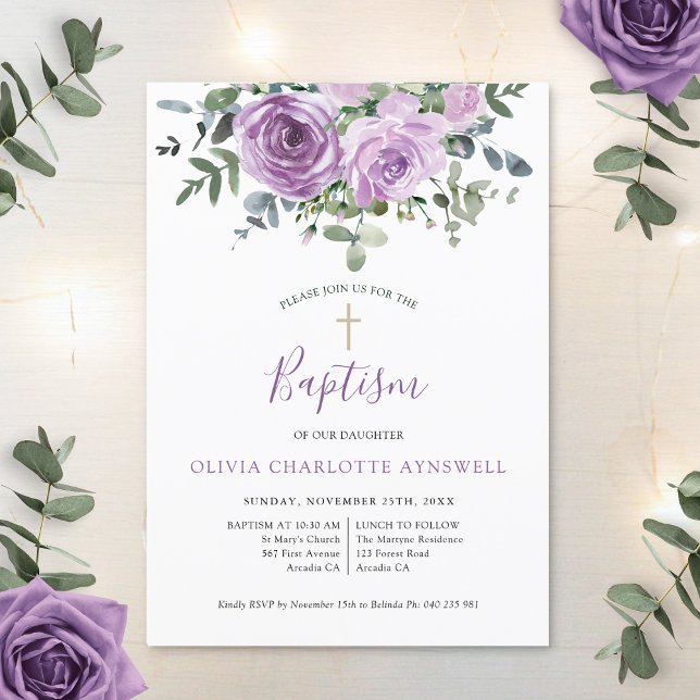 Convite Baptism Dusty Mauve Rosa Eucalyptus Christening (Criador carregado)
