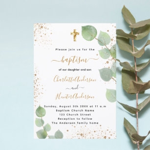 Convite Baptism eucalyptus greenery cross script twins
