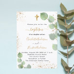 Convite Baptism eucalyptus greenery cross script twins<br><div class="desc">An invitation for 2 children. A white background decorated with eucalyptus greenery and faux gold glitter dust. Personalize and the childrens name and ceremony details. Black and golden colored letters.  Gender neutral.
Back: white background with golden faux glitter dust.</div>