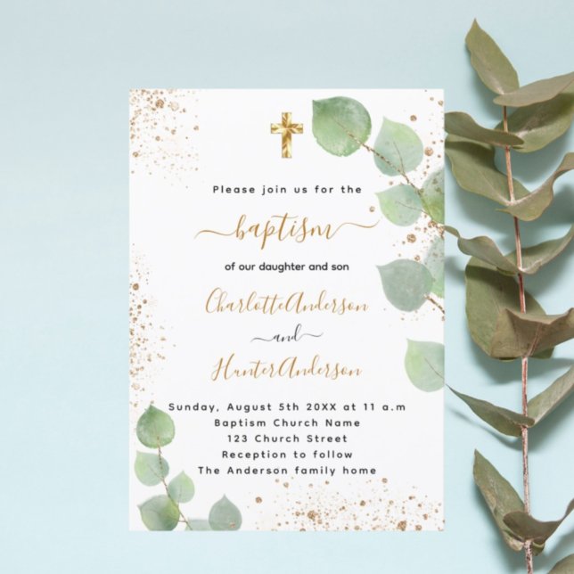 Convite Baptism eucalyptus greenery cross script twins (Criador carregado)