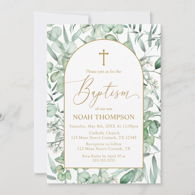 Convite Baptism Eucalyptus leaves Invitation (Frente)