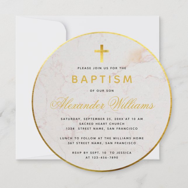 Convite Baptism Faux Gold Foil Marble Calliografia (Frente)