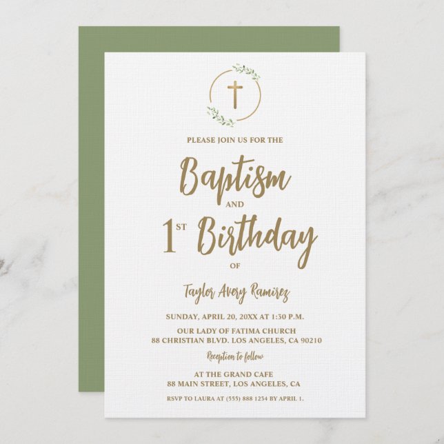 Convite Baptism First Birthday Greenery wreath Gold cross (Frente/Verso)