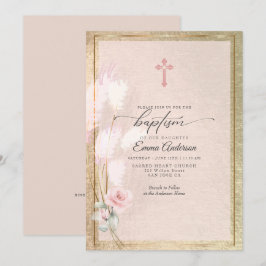 Convite BAPTISM Floral de Grama Pampas Dourada rosa